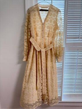 Lace Midi Dress with Self Tie Belt - Cream